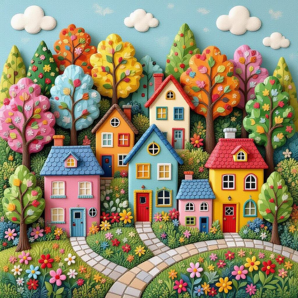 A forest with trees and houses in different colors all in clay 