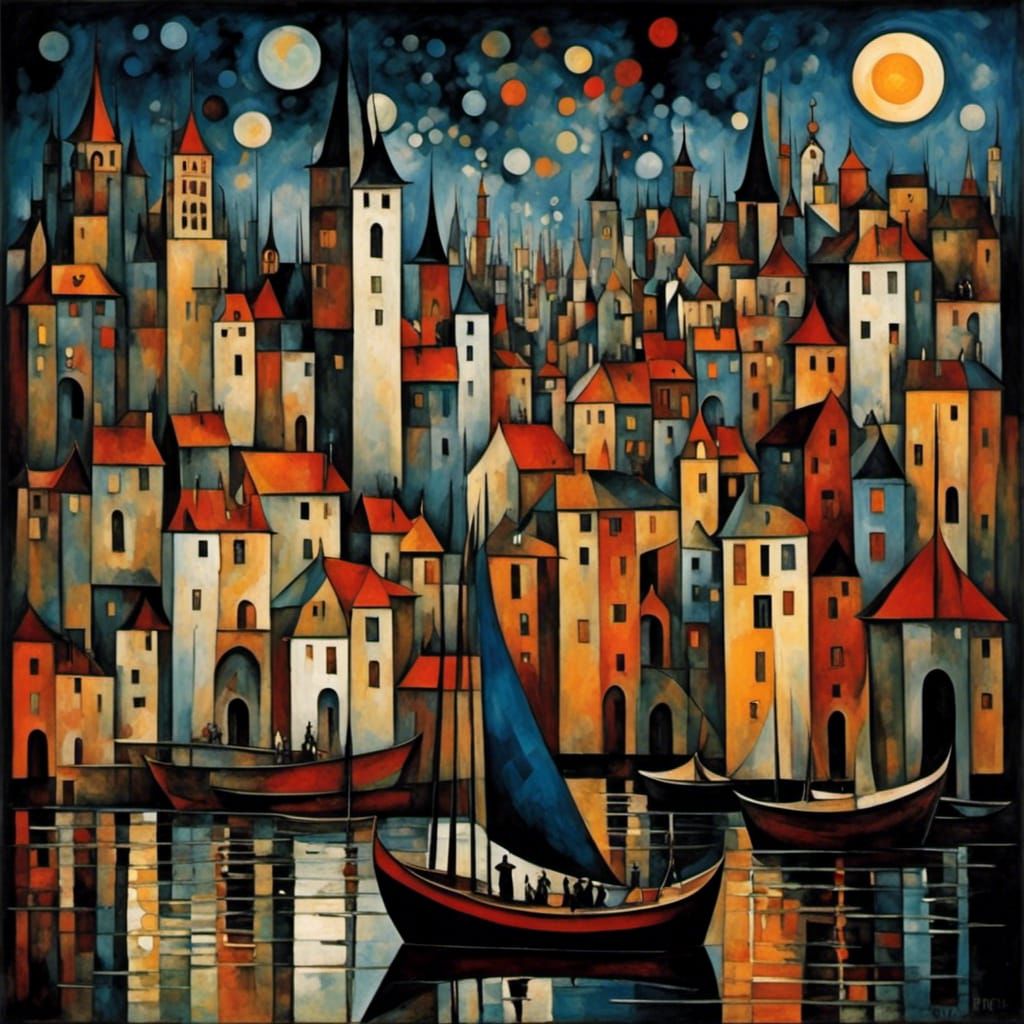 <lora:KandinskyDreams:0.6> <lora:Crystal Cubism:0.8> cityscape, boat, gothic, surreal, geometric lines, Tim Burton, (Klimt:0.6) Klee
