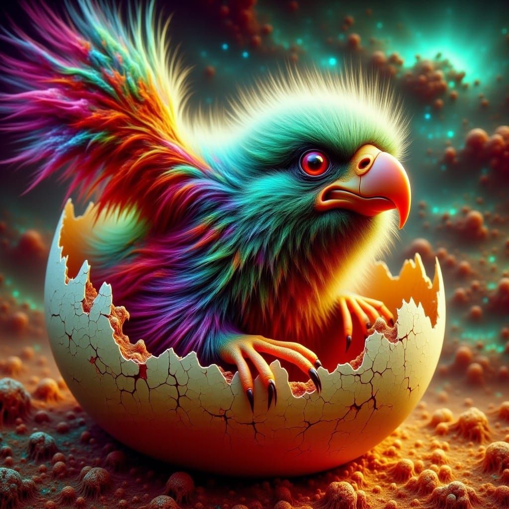 <lora:-Surreal Hatchlings-:1.0> a colorful fluffy eagle hatching from an egg