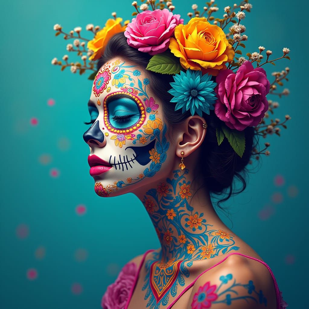 Medium shot of a beautiful woman wearing colorful Día de los...
