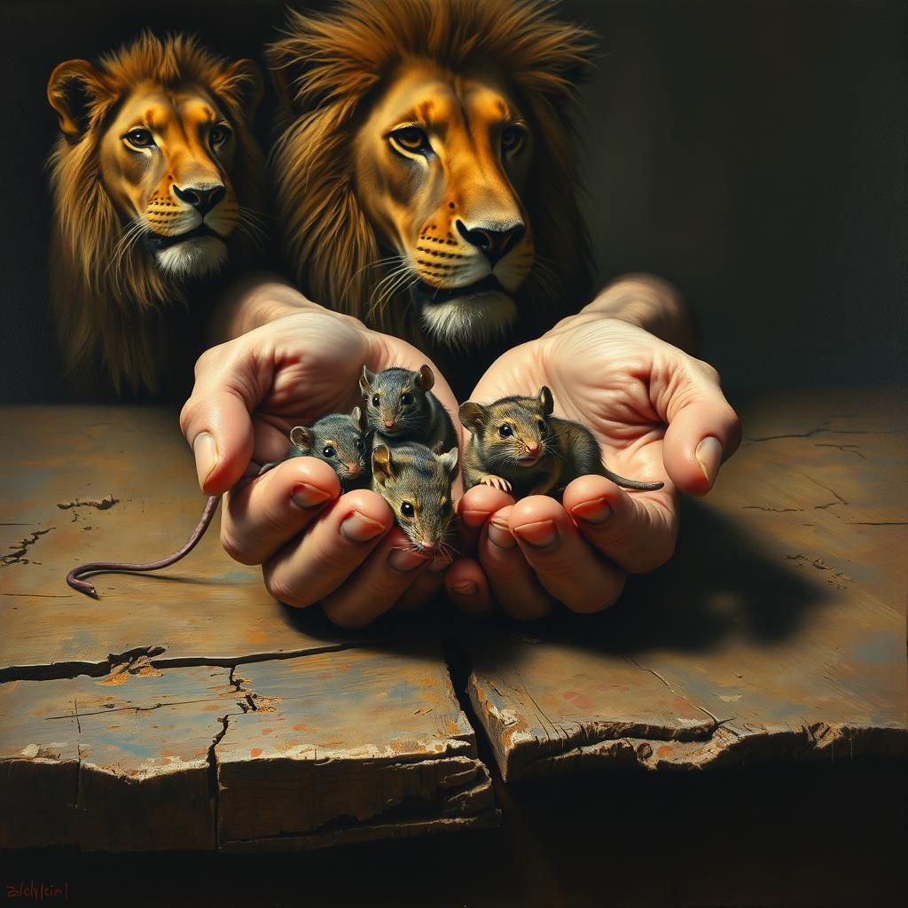 A surreal painting of a closeup of two closed hands lying on...