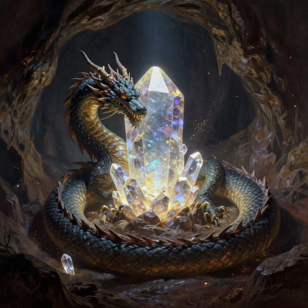 Ancient Dragon Guards Glowing Crystal in Hidden Cavern