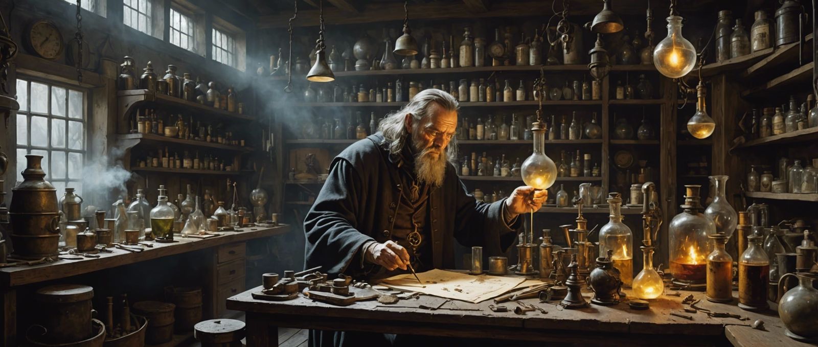 an insane medieval alchemist in his cluttered laboratory, drip art, splash art, modern art, stylish paint ...  by @Jack-Mike