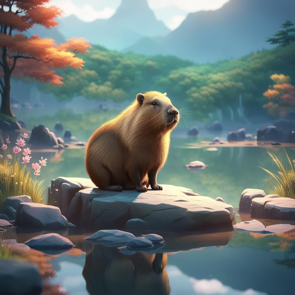Capybara by Lake: Anime 3D Animation in CGI Style