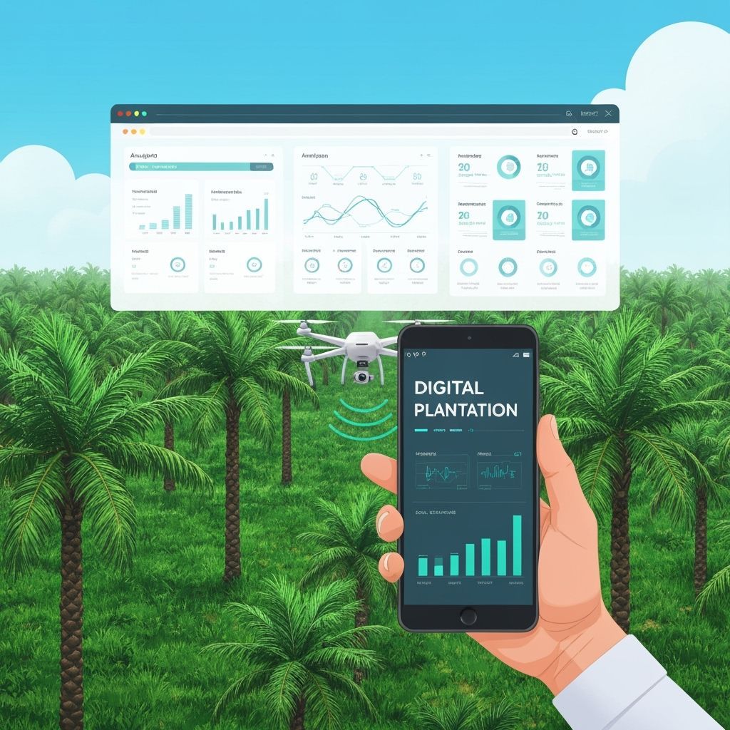 Create me an illustration for Digitalization for Oil Palm Plantation Field (exclude forest, pure oil palm trees), using Android Apps, Web Da...