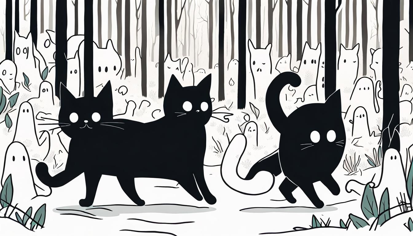 Black cat leading a cute ghost army through a dark forest.