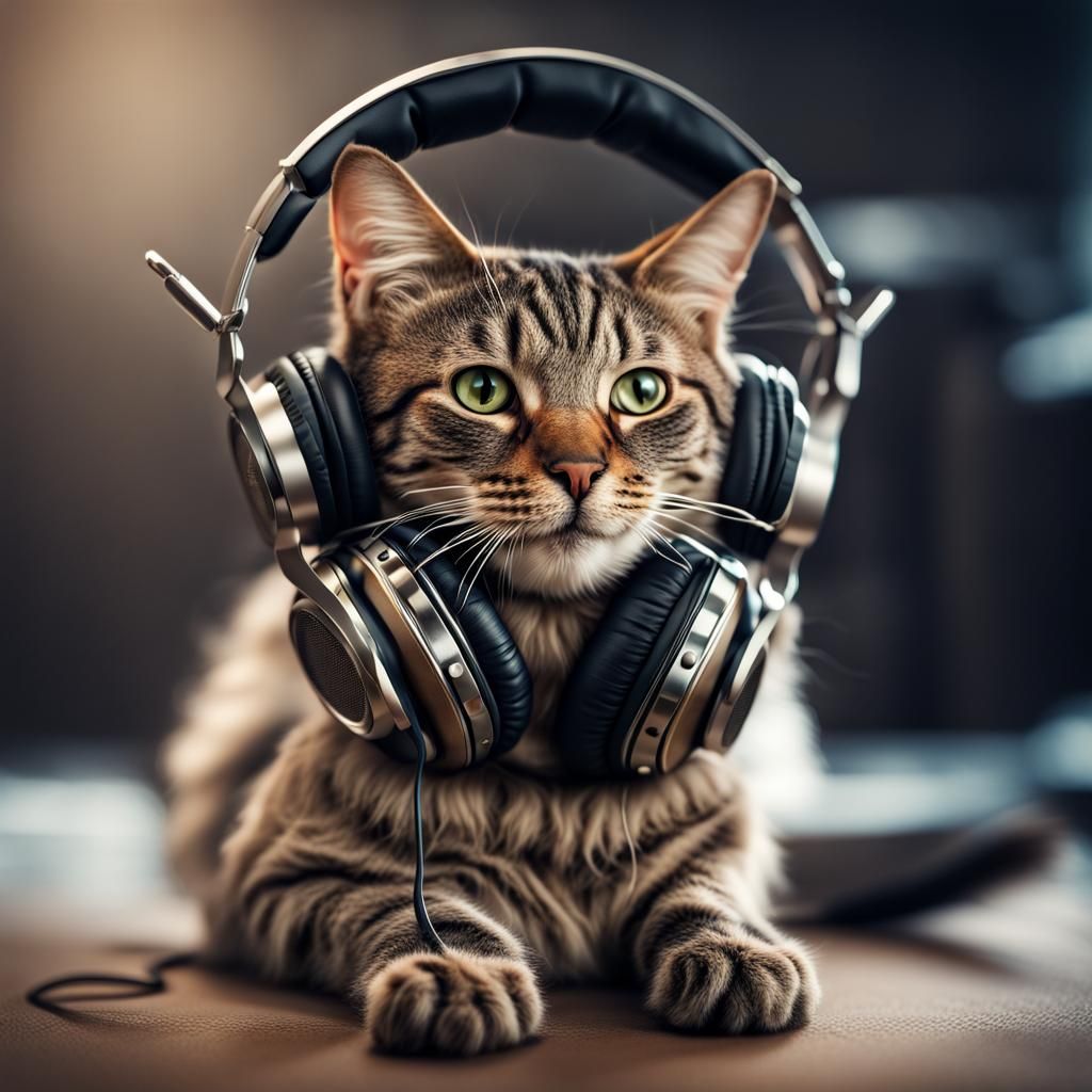 A cat listening to music wearing metal headphones