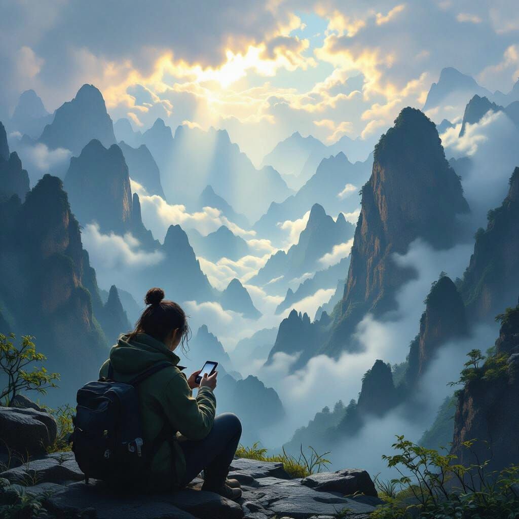 Man on Phone in Majestic Chinese Mountain Landscape