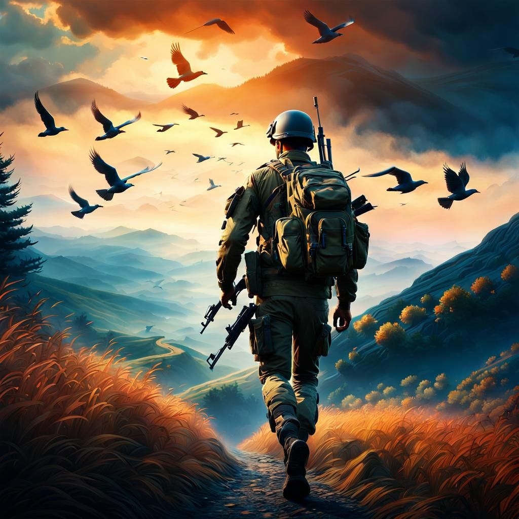 Soldier Walks Mountain Path in Cinematic Still