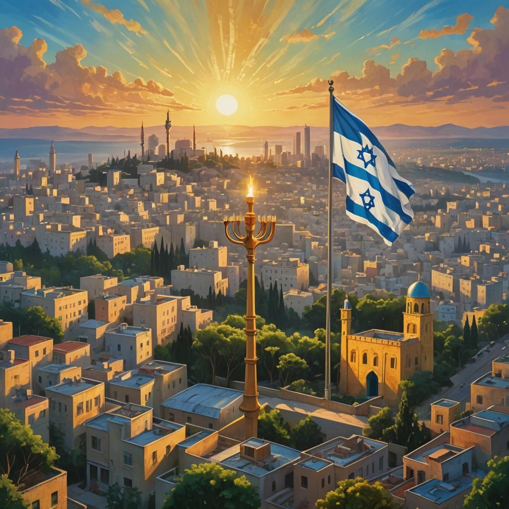 Israeli Flag Waving Over Mystical Cityscape