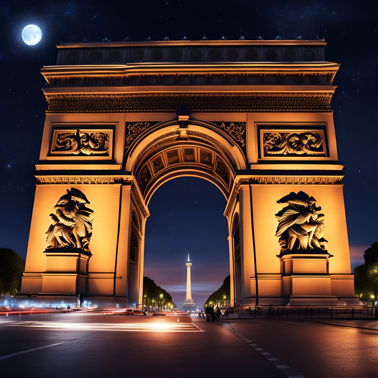 The Arc de Triomphe lit up at night