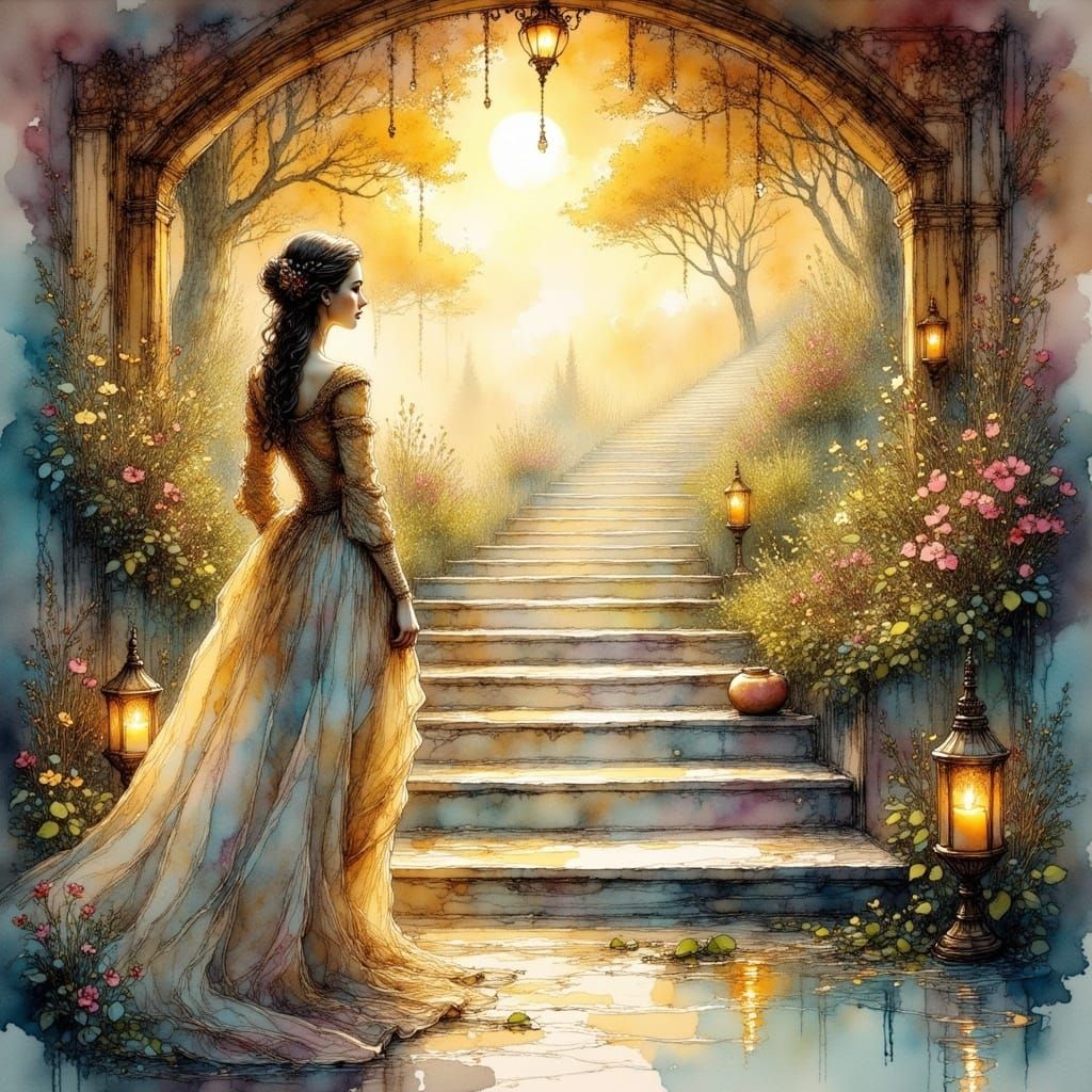 Regal Woman Ascends Shimmering Stairway to the Clouds