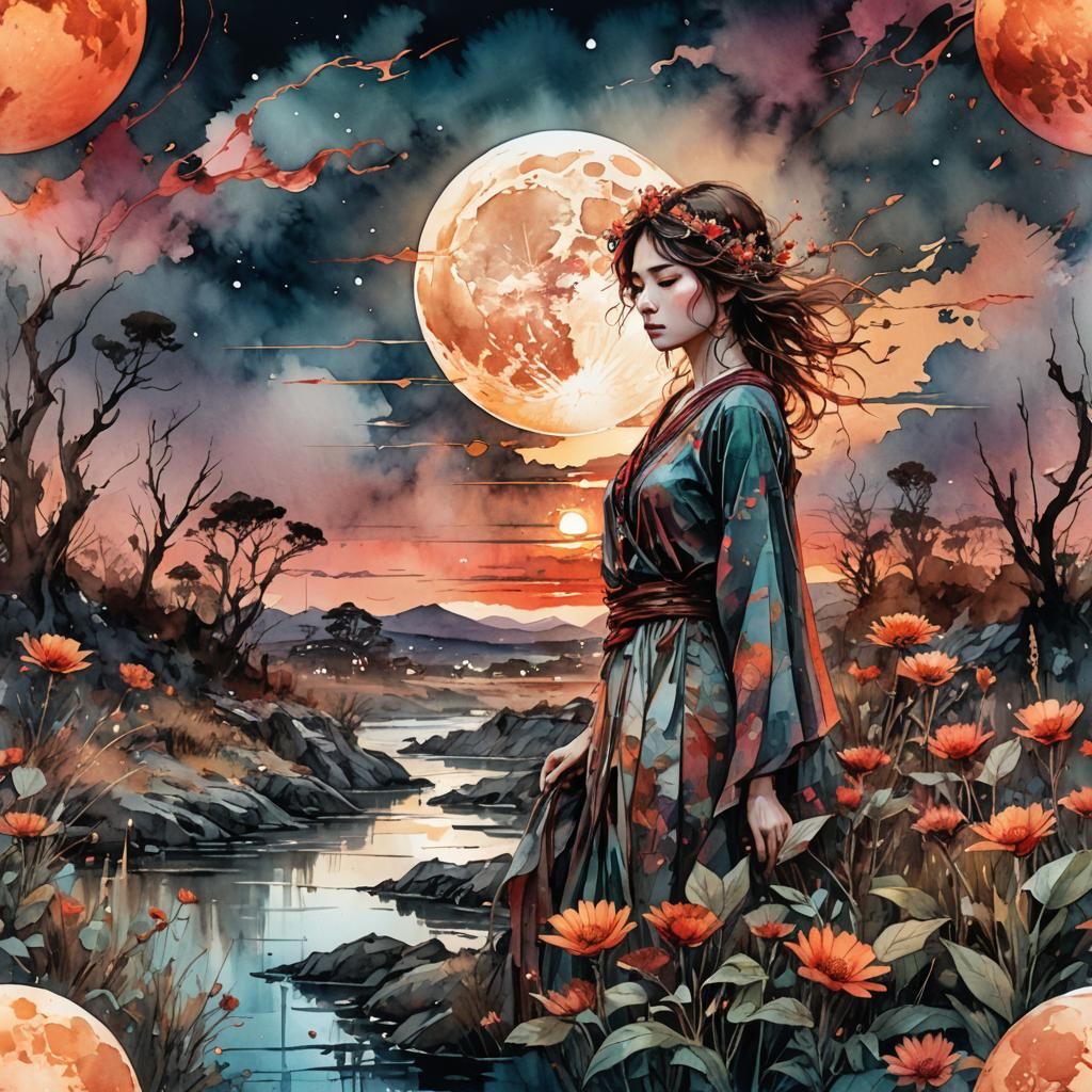bloodmoon Digital watercolor Illustration of a summerscape s...