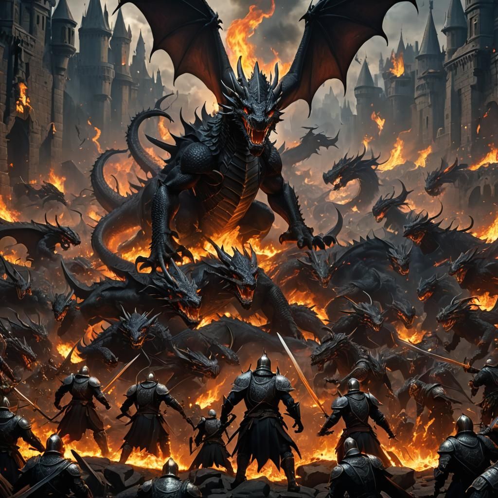 A black Dragon leading a army of shadowy phantoms killing th...