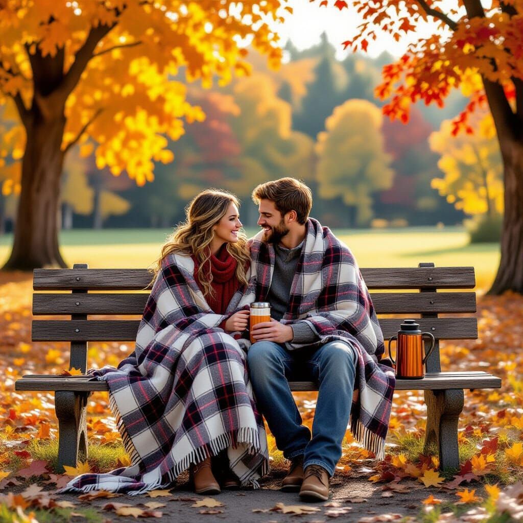 A couple shares a quiet moment on a rustic wooden bench in a park, surrounded by trees ablaze with fiery ...  by @JupsoGrevin