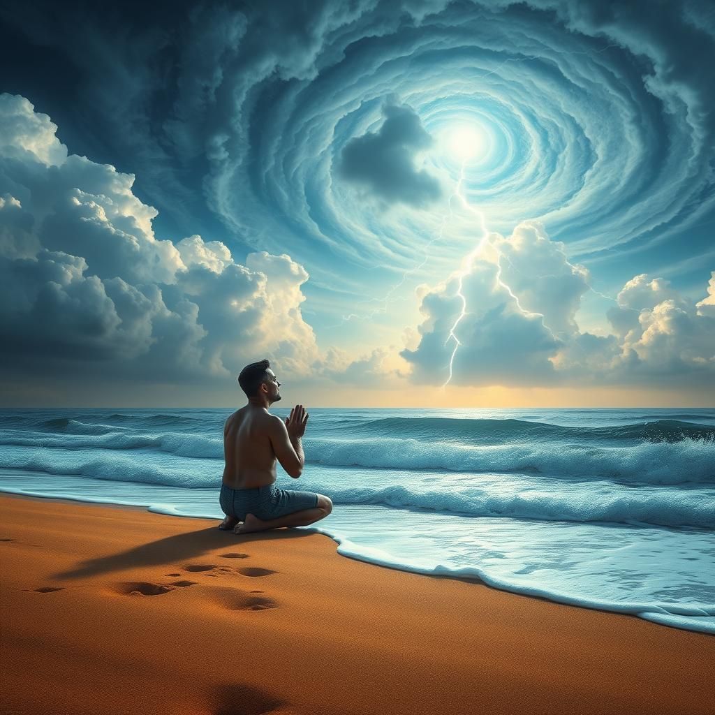 Contemplative Prayer by Ocean with Divine Lighting