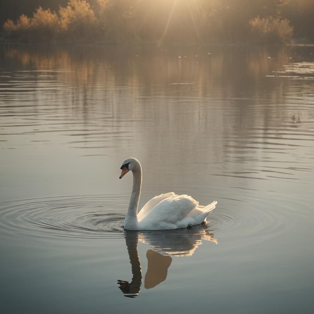Swan on a Tranquil Lake: A lone swan glides gracefully across a still lake at dawn, the soft light of the rising sun reflecting off the wate...