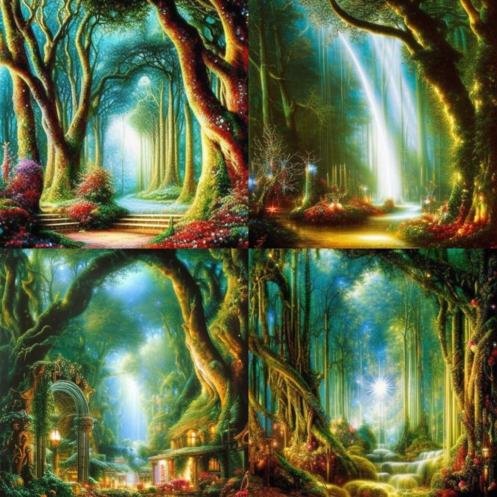 an enchanted forest with sparkling glitter in the air and an arch