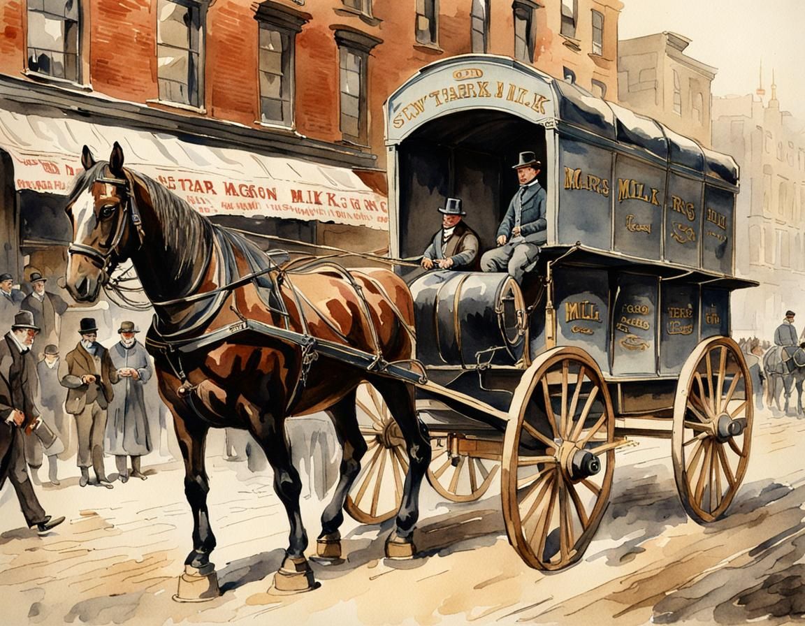A watercolor painting of a horse-drawn milk wagon in New Yor...
