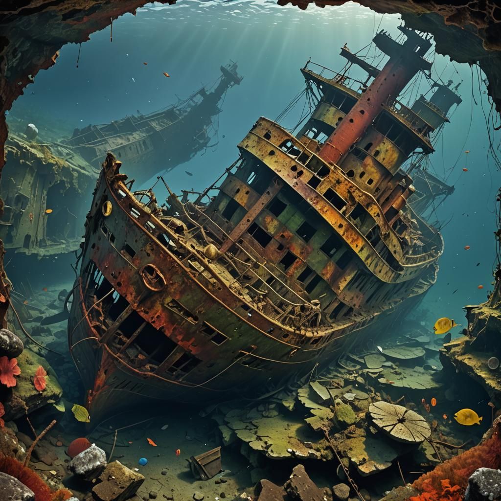 broken wreck of the Empress of Ireland stranded on the bottom of the water, vibrant colors, hyper detailed, ...  by @evinrude