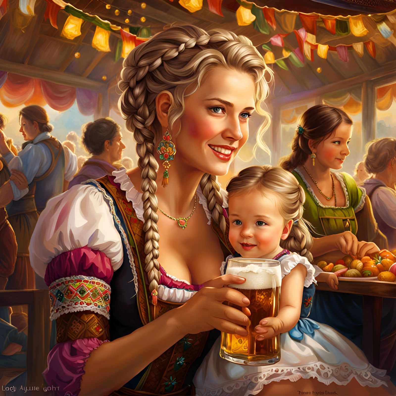 Mother and Daughter Having Fun at the Oktoberfest Together