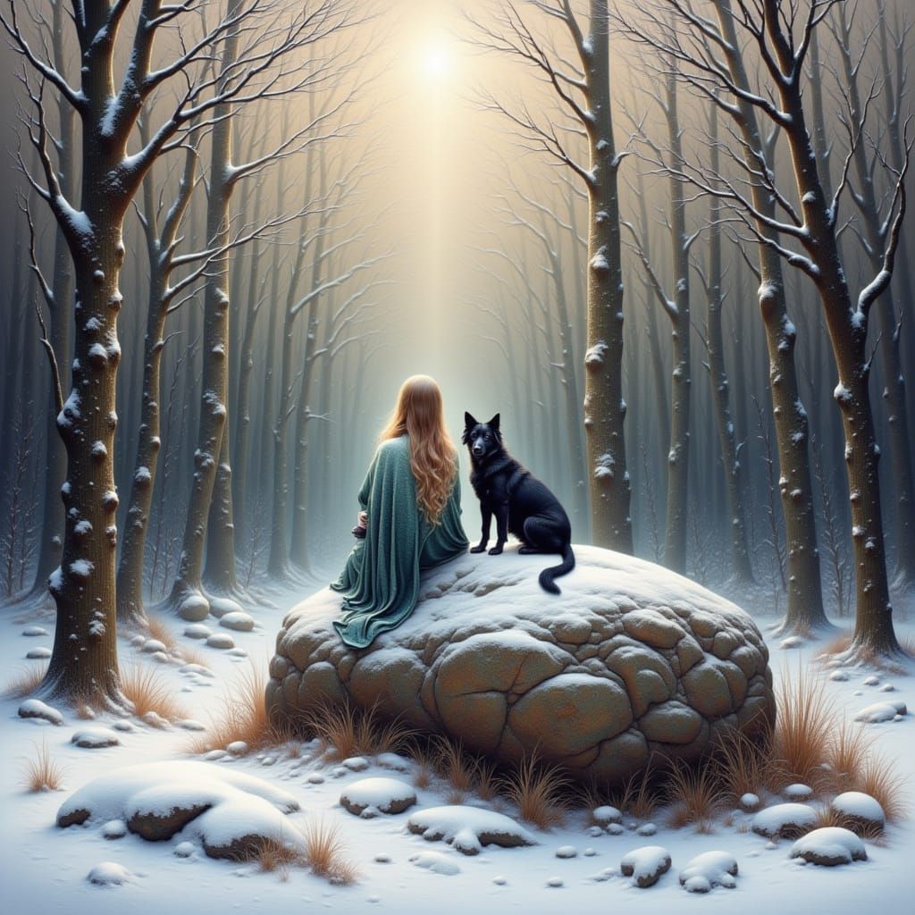 A woman sits on a big stone