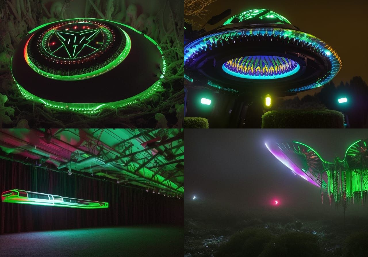 satanic supercomplex alien spacecraft, fluorescent glow, dem...