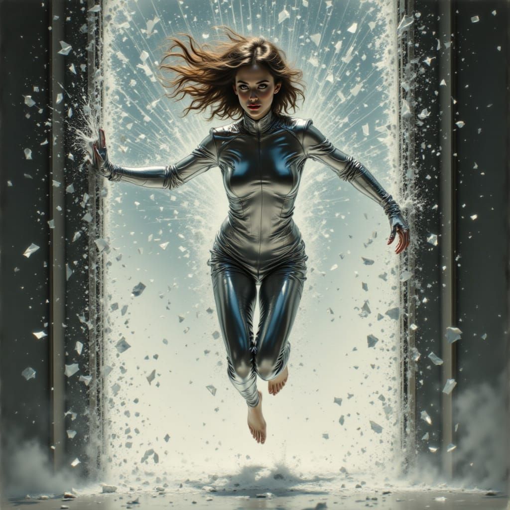 <lora:Action and Motion:1.0><Action-Motion>chrome woman leaping through a huge glass door