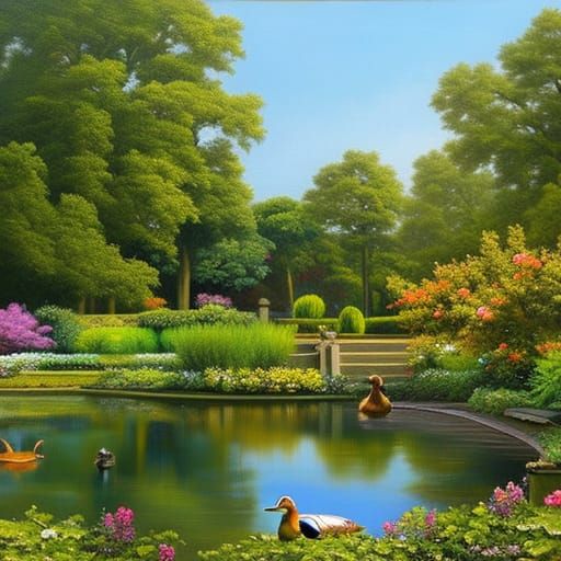 Botanic garden with a pond and ducks