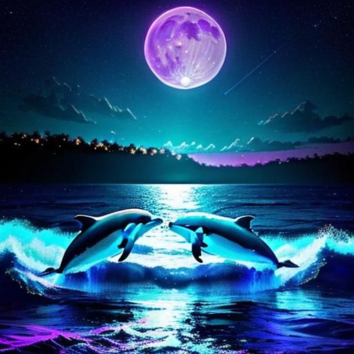 dolphins playing in the water under starry night sky with fu...