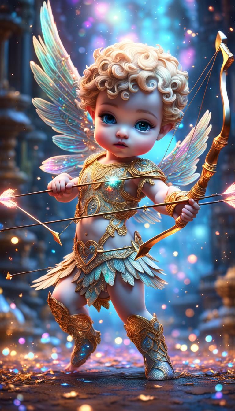 Three-dimensional image of a cute baby Cupid with iridescent opalescent  wings shooting bow and arrow - AI Generated Artwork - NightCafe Creator