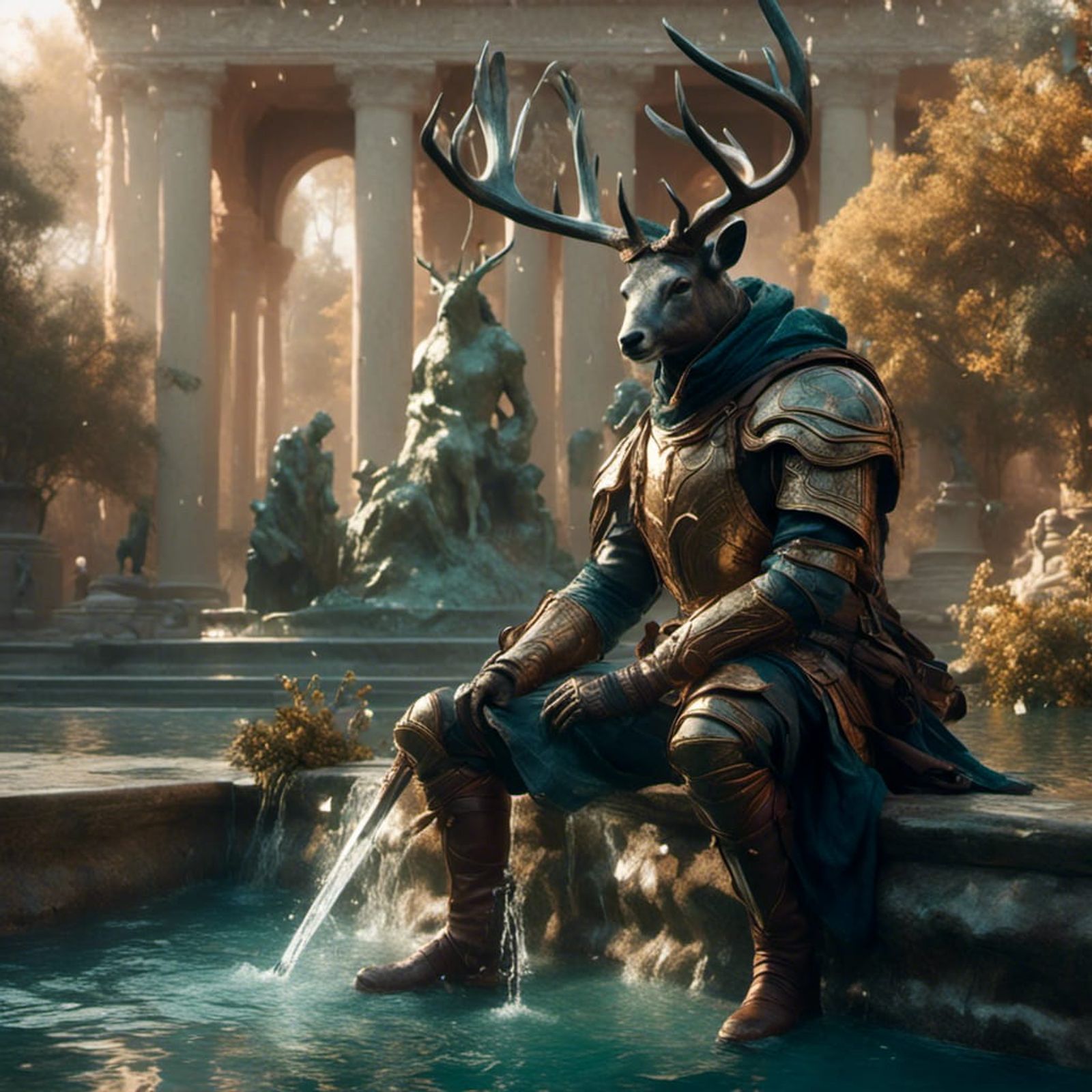 a knight with a sword and shield and a helmet with deer antlers