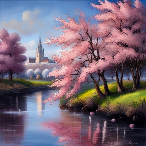 Cherry Blossom Near The Village - Ai Generated Artwork - Nightcafe Creator