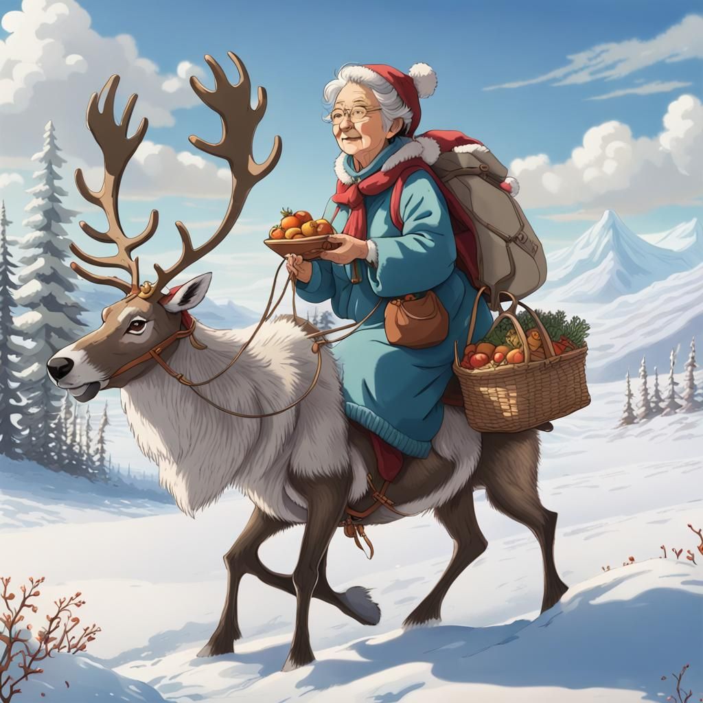 Laplandian granny with her groceries riding a reindeer in tu...
