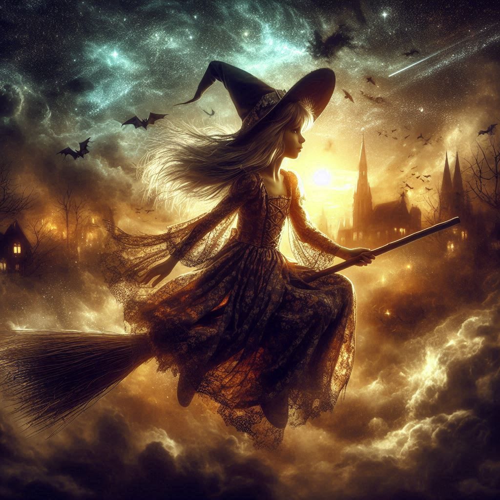 Witch girl flying on her broom