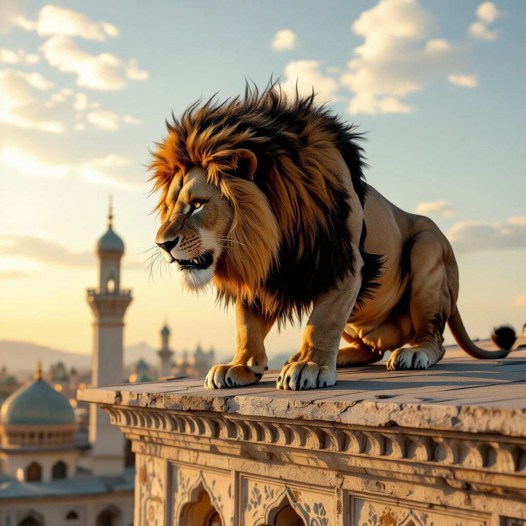 Ferocious Lion on Mosque Rooftop at Golden Hour