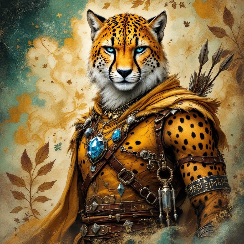  a hyperrealistic portrait of an anthropomorphic male cheetah, representing GBDesign, with golden fur dappled in sleek obsidian spots, sharp...