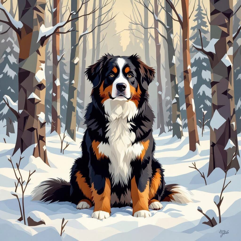 Bernese Dog in Cubist Snowy Forest Landscape