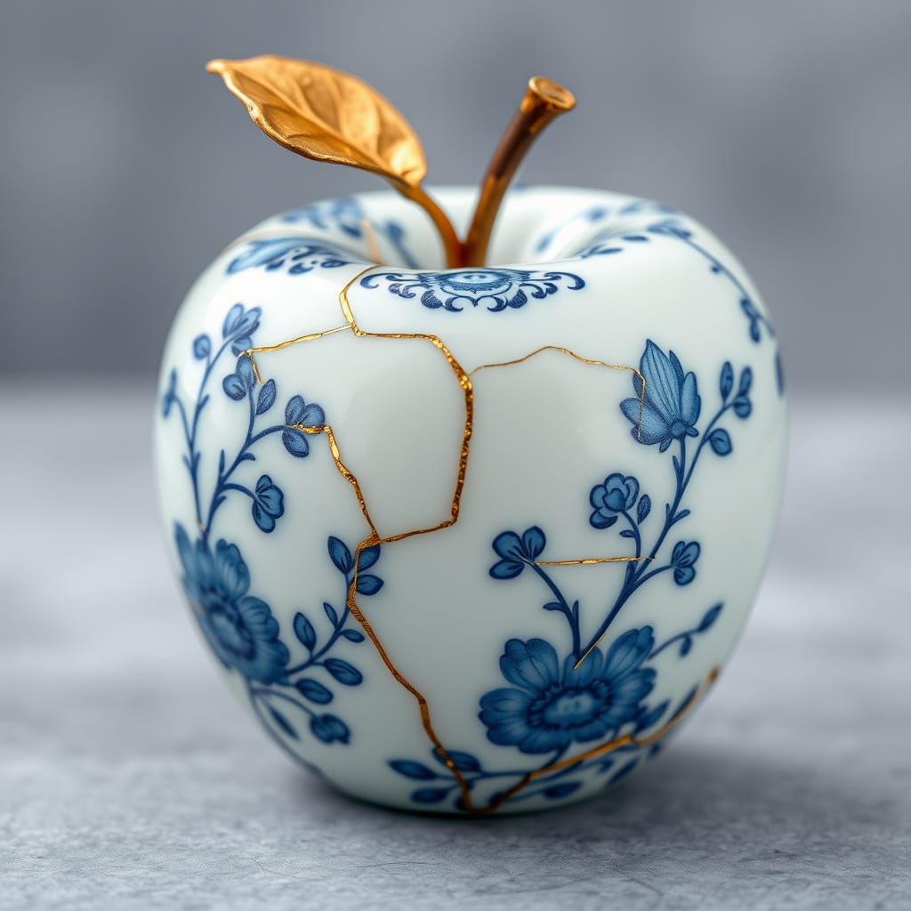 Photorealistic close-up of a single apple made from white porcelain. The porcelain is decorated with ...  by @Cristian
