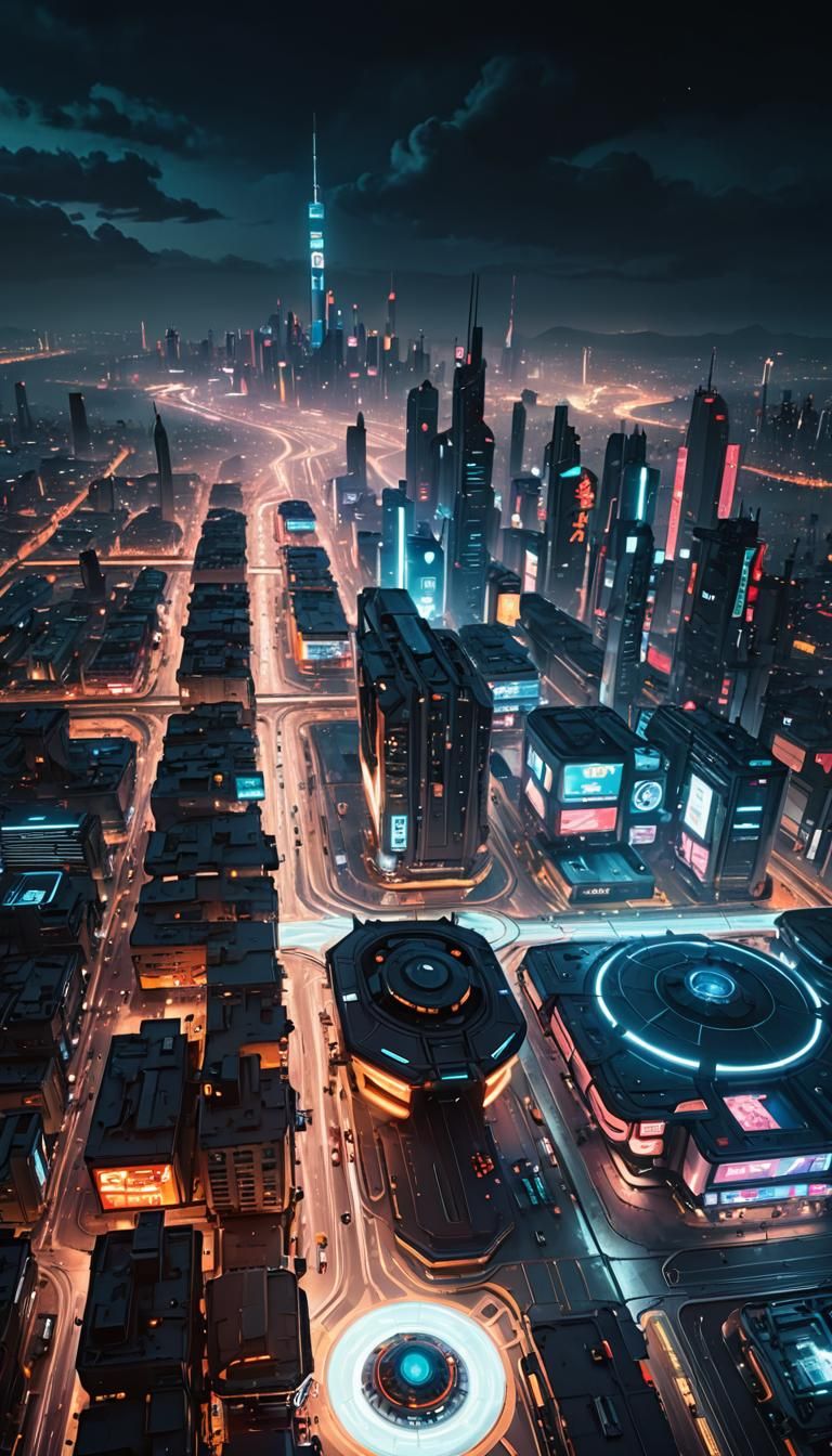 A futuristic dystopian city at night with many flying and ho...
