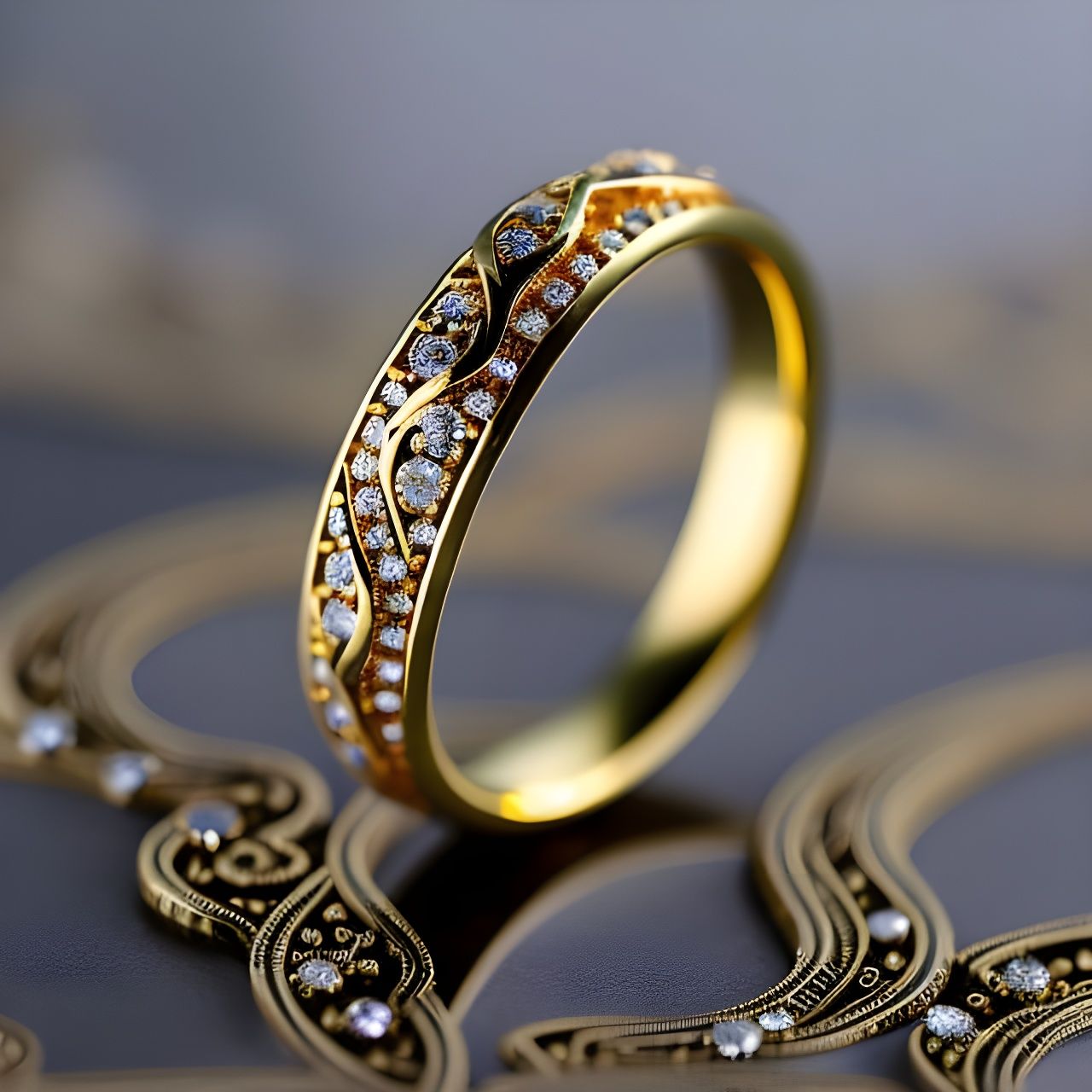 Beautiful wedding rings made of gold with carved highly intricate and hyperdetailed fractals around and ...  by @Matedanguba