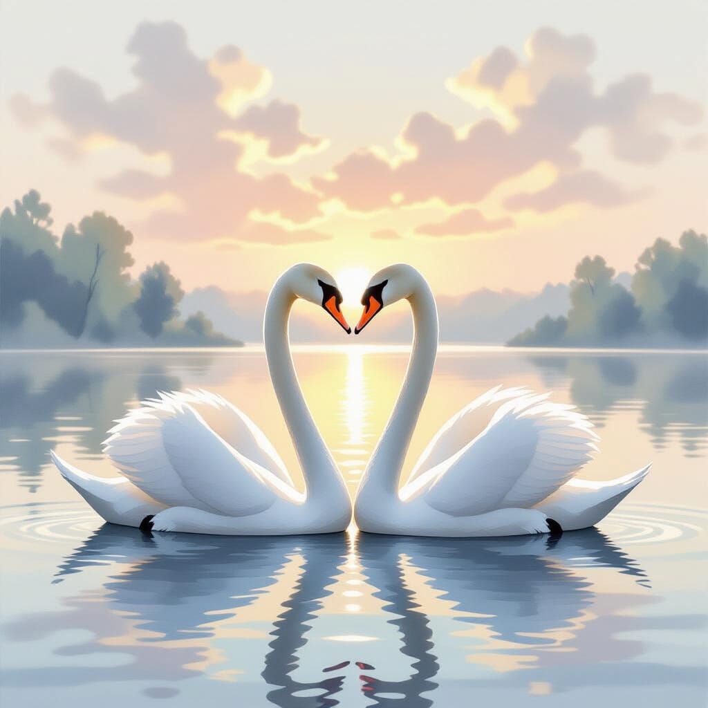 Two Swans Form Heart Shape on Serene Lake at Dawn