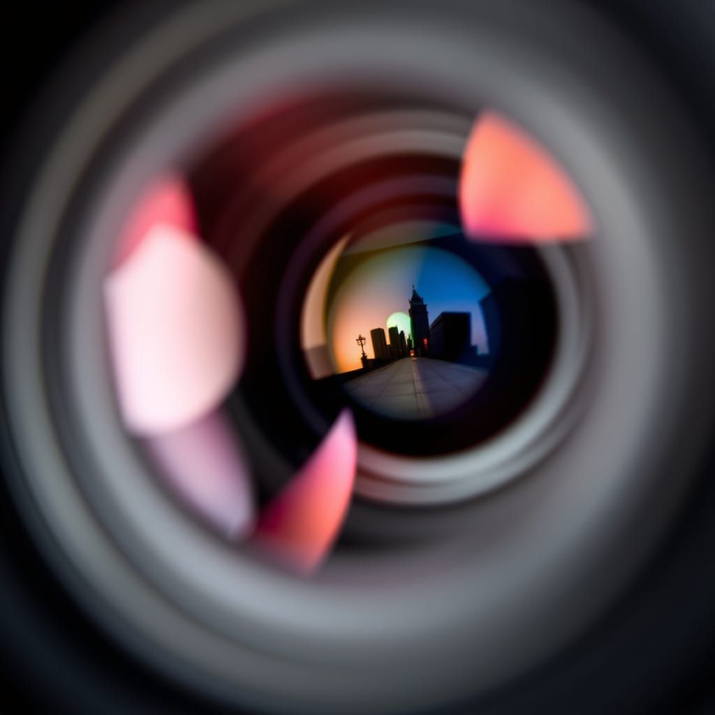 Macro photography. A close-up shot of a camera lens, revealing the intricate details of its inner workings. The lens reflects the surroundin...