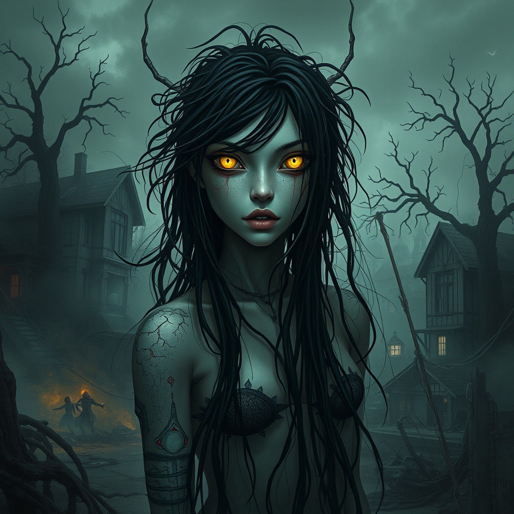 a dark bio-cybernetic fairy with long black hair, bio-cybern...