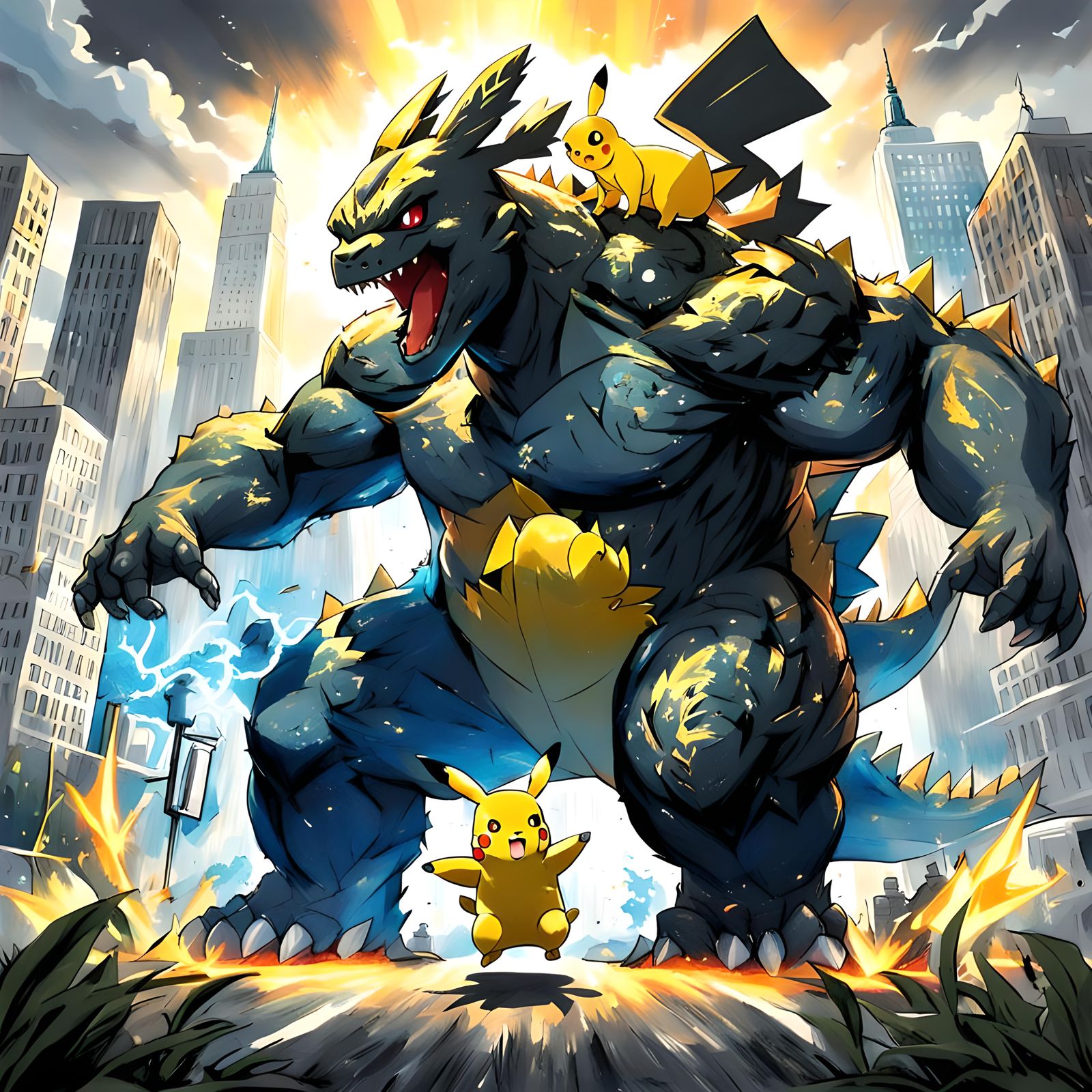 Godzilla fighting Pikachu in New York  by @Hobgoggin 
