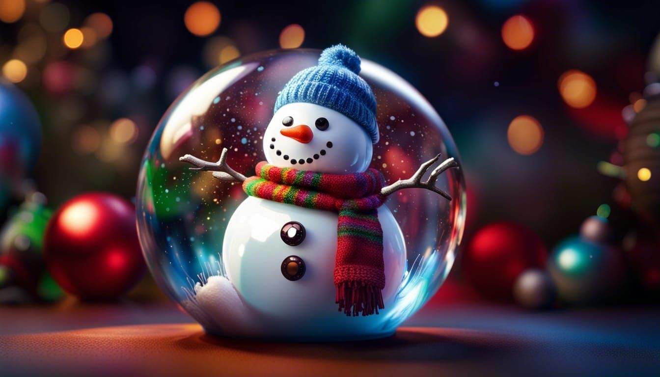 A glass ball containing a snowman and a Christmas decoration