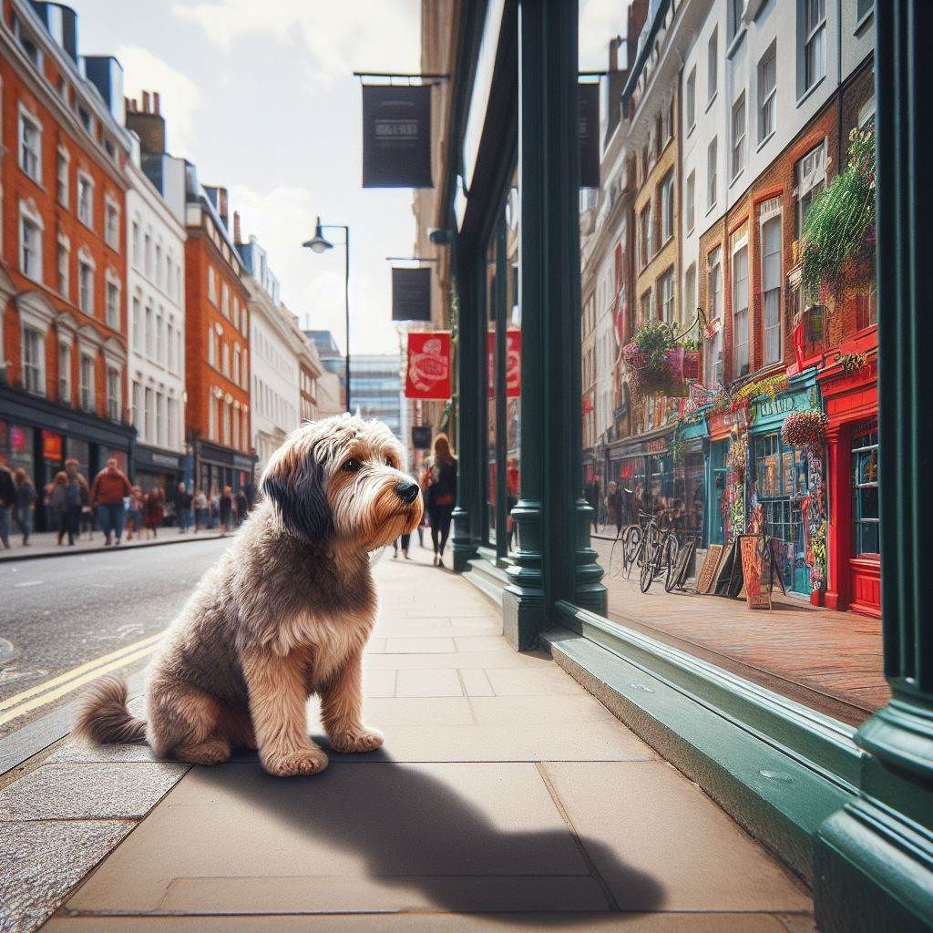 Dog Stares at His Reflection on London Street