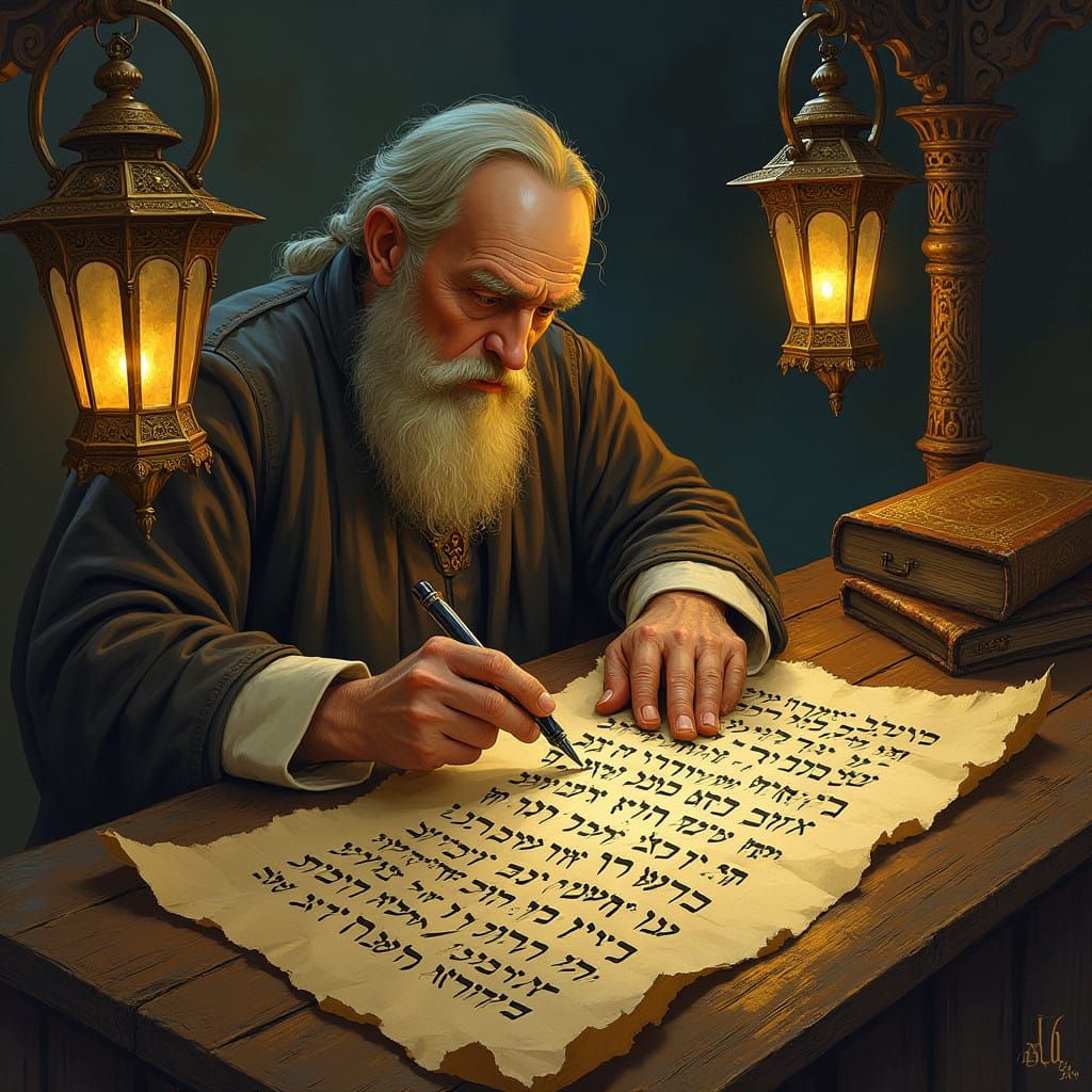 Mystical Scribe Illuminates Ancient Scroll in Golden Ornamen...