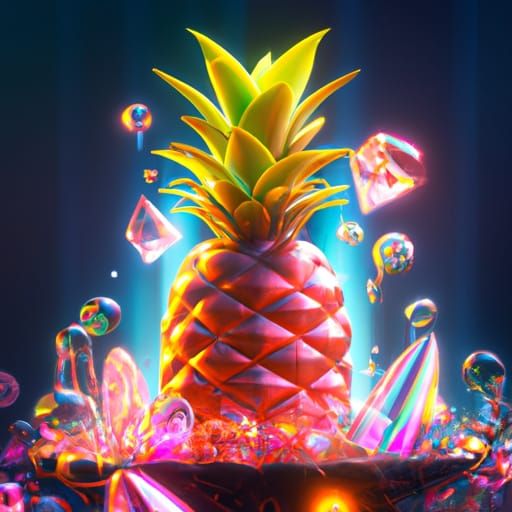 A cute big ripe pineapple surrounded by floating luminous crystal sparkles and crystalline candy 8k resolution ... undefined