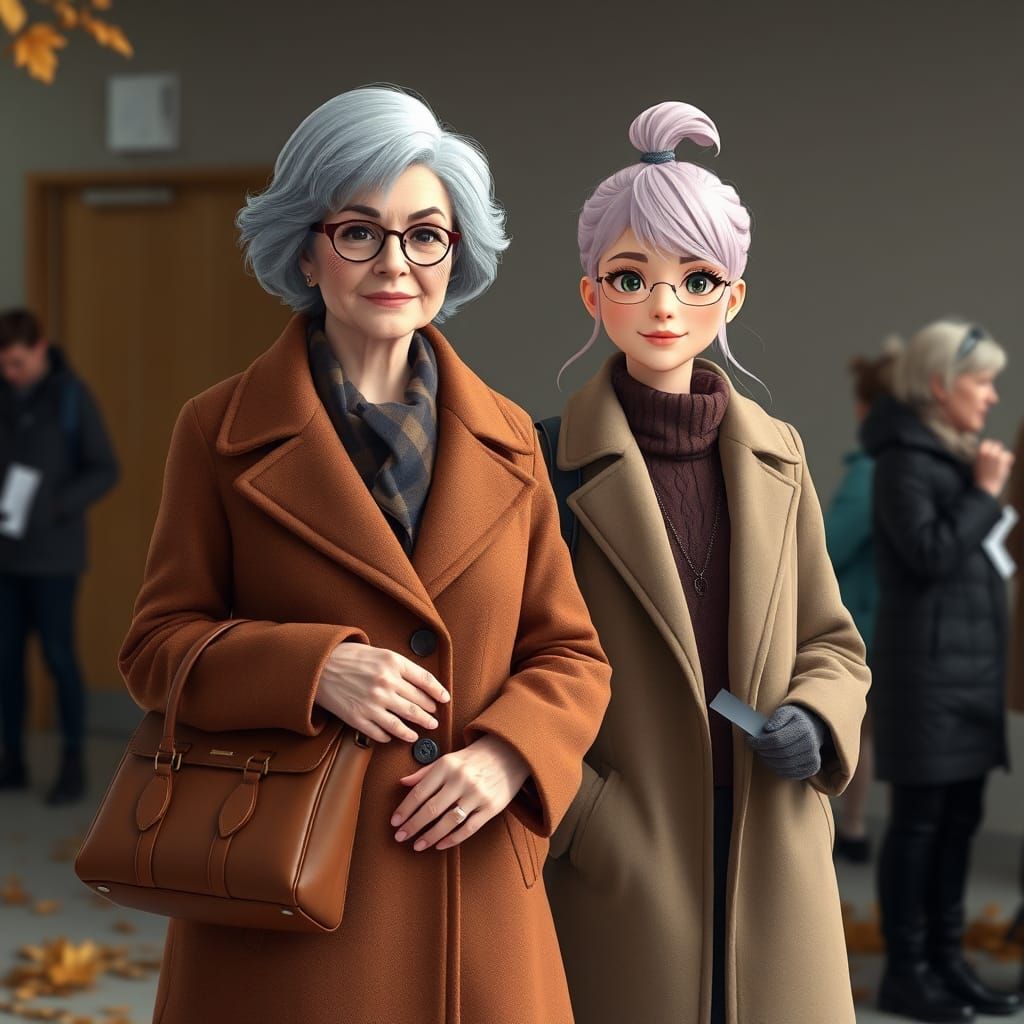 An older woman and her grownup daughter waiting in line to vote